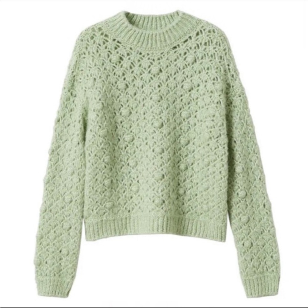 Mango Openwork Knit Sweater Chunky Pom Rounded Neckline Ribbed Trim Pastel Sz XL - Picture 6 of 8